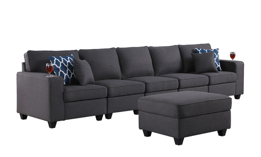 Cooper Dark Gray Linen 5-Seater Sofa with Ottoman and Cupholder, 89132-19A