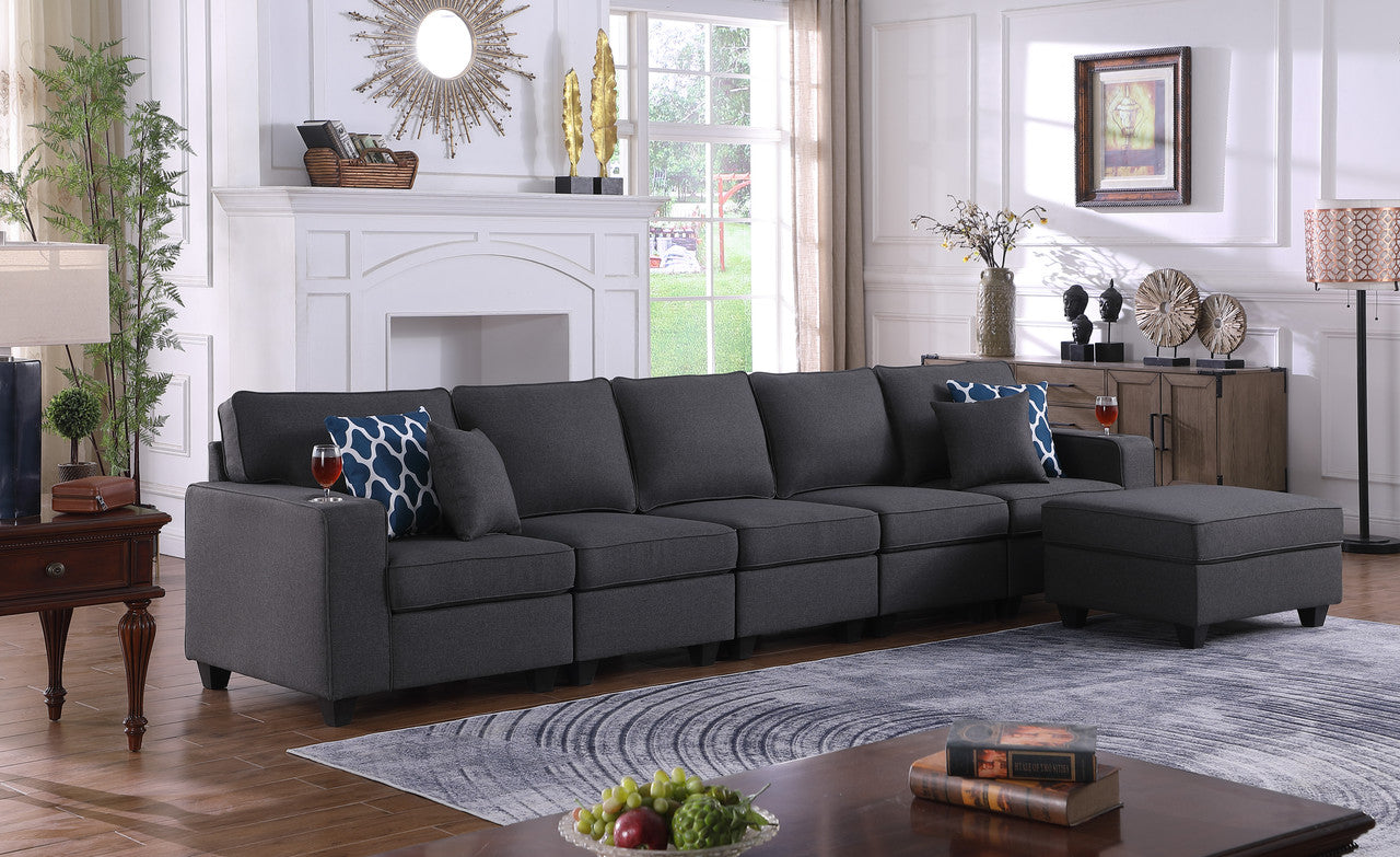 Cooper Dark Gray Linen 5-Seater Sofa with Ottoman and Cupholder, 89132-19B