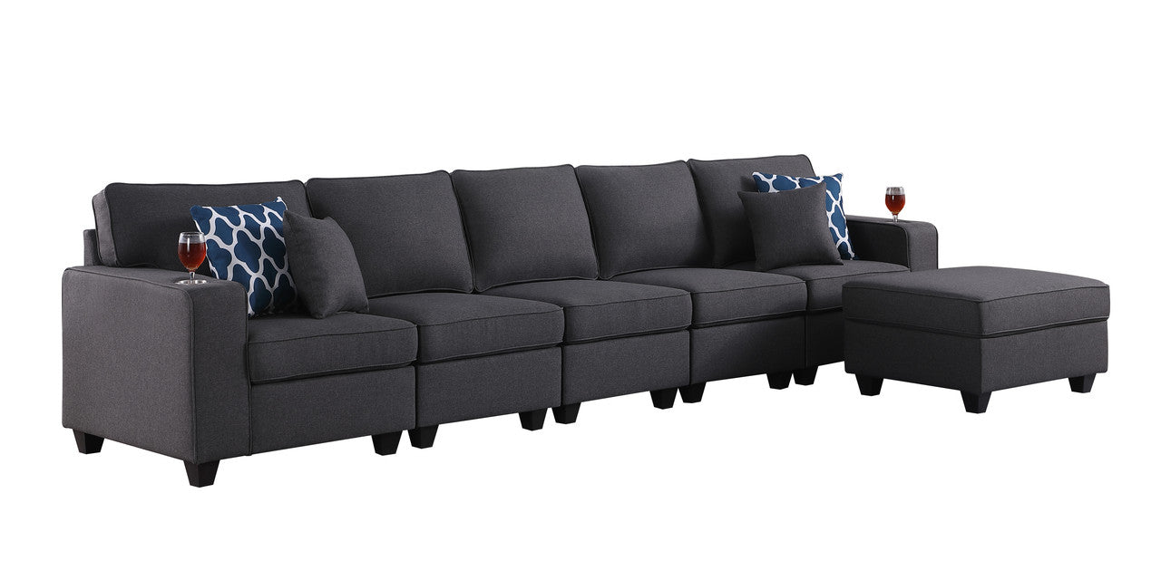 Cooper Dark Gray Linen 5-Seater Sofa with Ottoman and Cupholder, 89132-19A