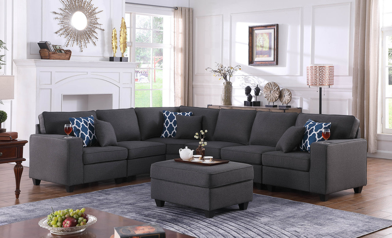 Cooper Dark Gray Linen 7Pc Reversible L-Shape Sectional with Ottoman, 89132-2A