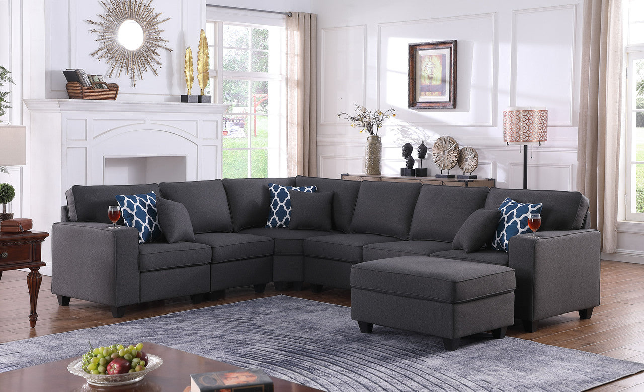 Cooper Dark Gray Linen 7Pc Reversible L-Shape Sectional with Ottoman, 89132-2B