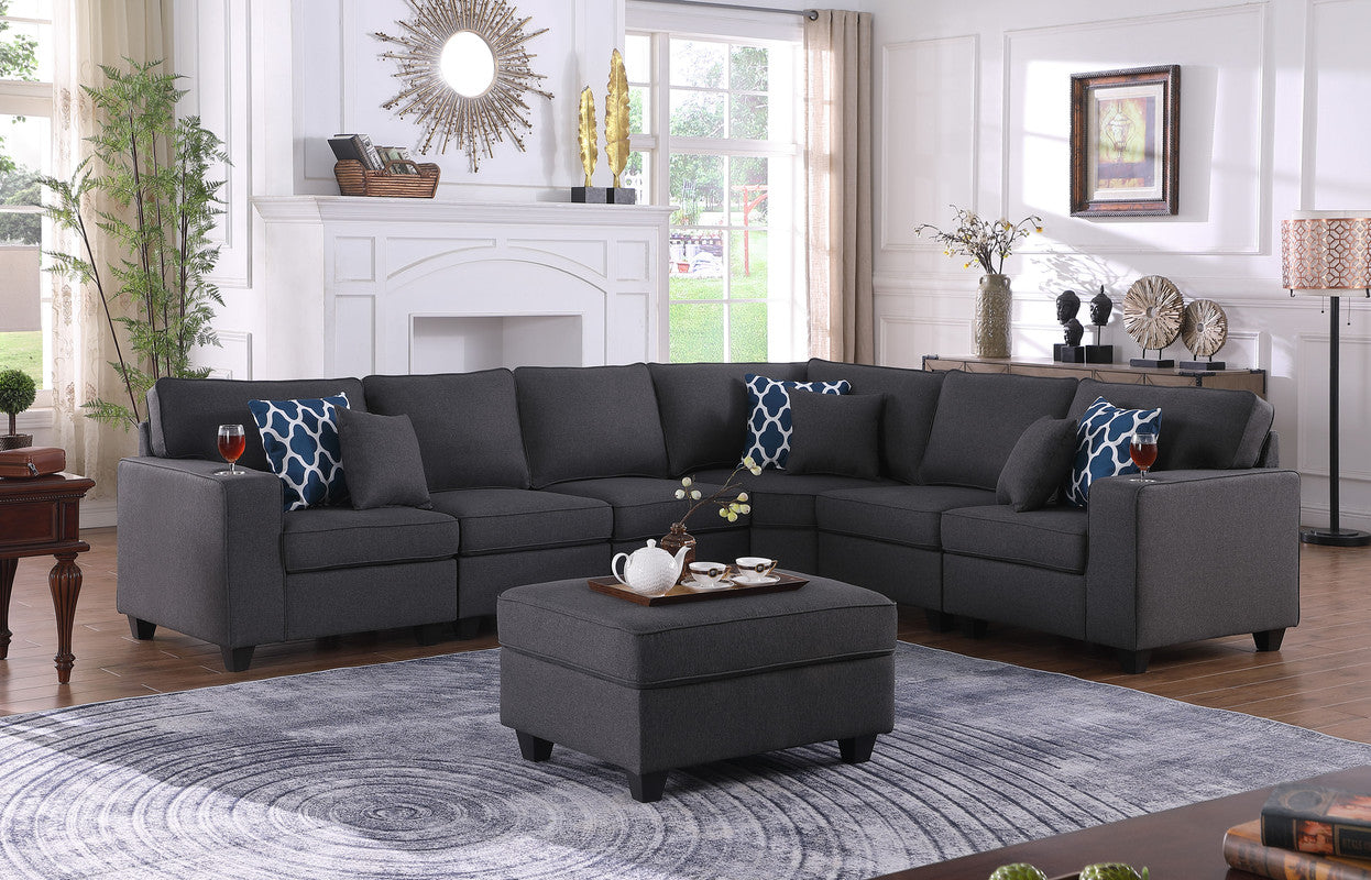 Cooper Dark Gray Linen 7Pc Reversible L-Shape Sectional with Ottoman, 89132-2C