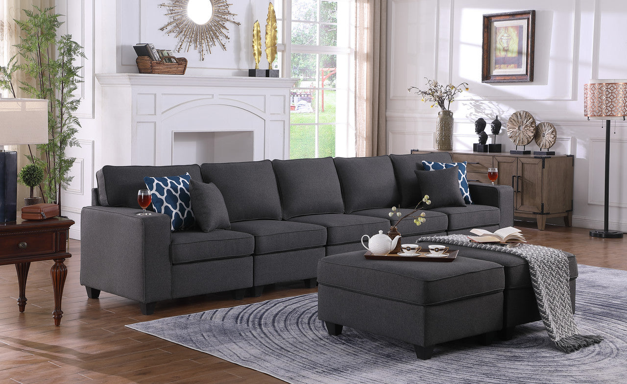 Cooper Dark Gray Linen 5-Seater Sofa with 2 Ottomans and Cupholder, 89132-20A