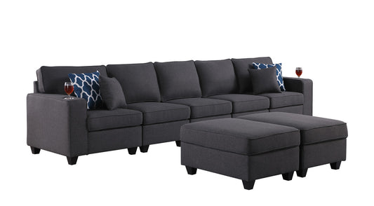 Cooper Dark Gray Linen 5-Seater Sofa with 2 Ottomans and Cupholder, 89132-20A