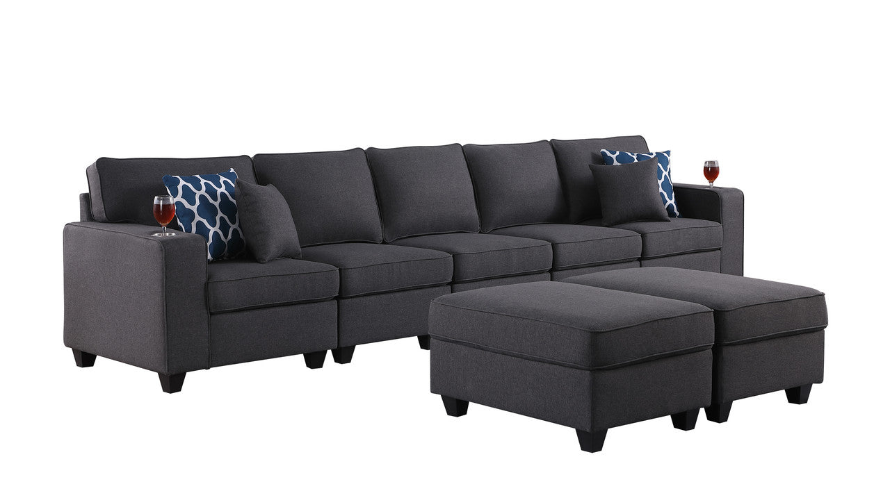 Cooper Dark Gray Linen 5-Seater Sofa with 2 Ottomans and Cupholder, 89132-20B