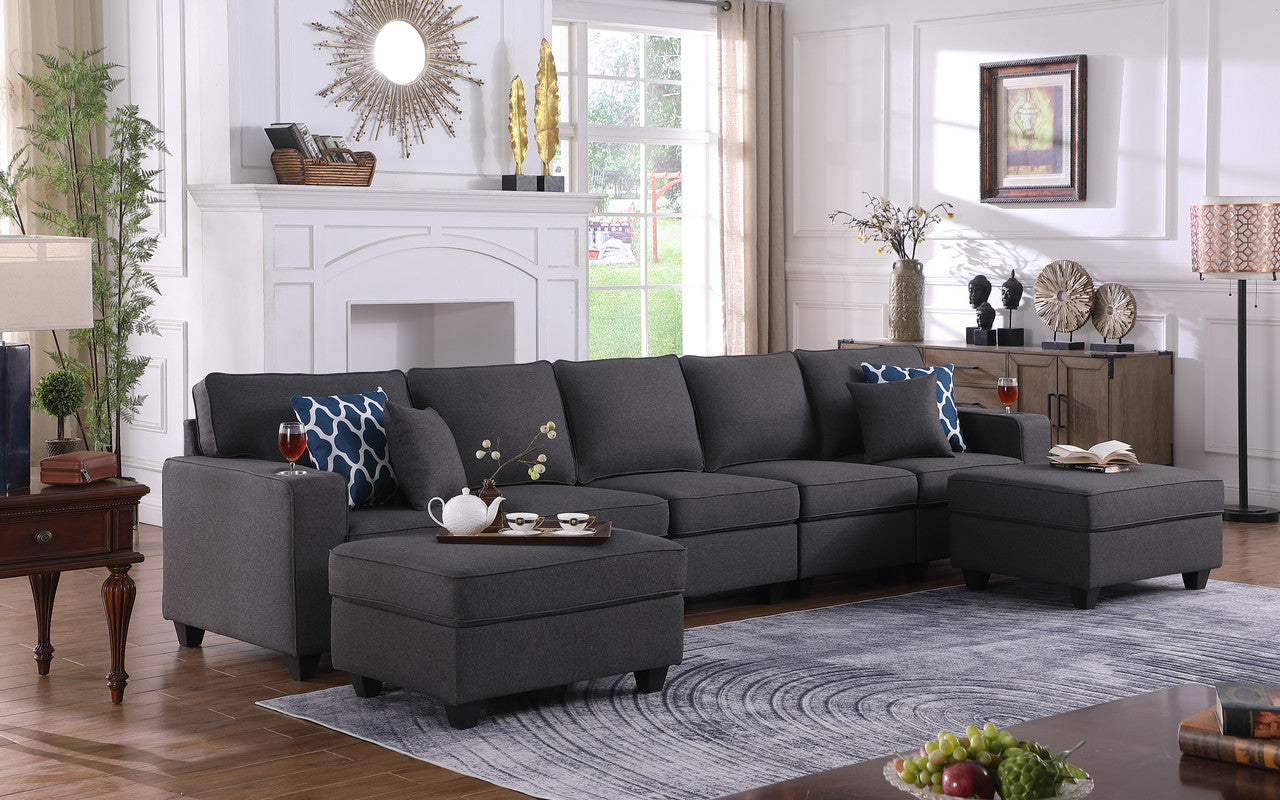 Cooper Dark Gray Linen 5-Seater Sofa with 2 Ottomans and Cupholder, 89132-20B