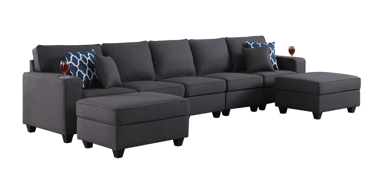 Cooper Dark Gray Linen 5-Seater Sofa with 2 Ottomans and Cupholder, 89132-20A