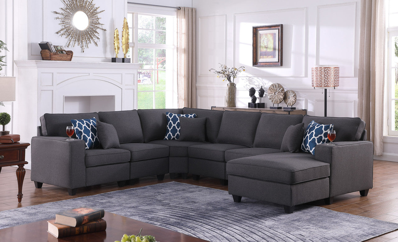 Cooper Dark Gray Linen 6Pc Modular Sectional Sofa Chaise with Cupholder