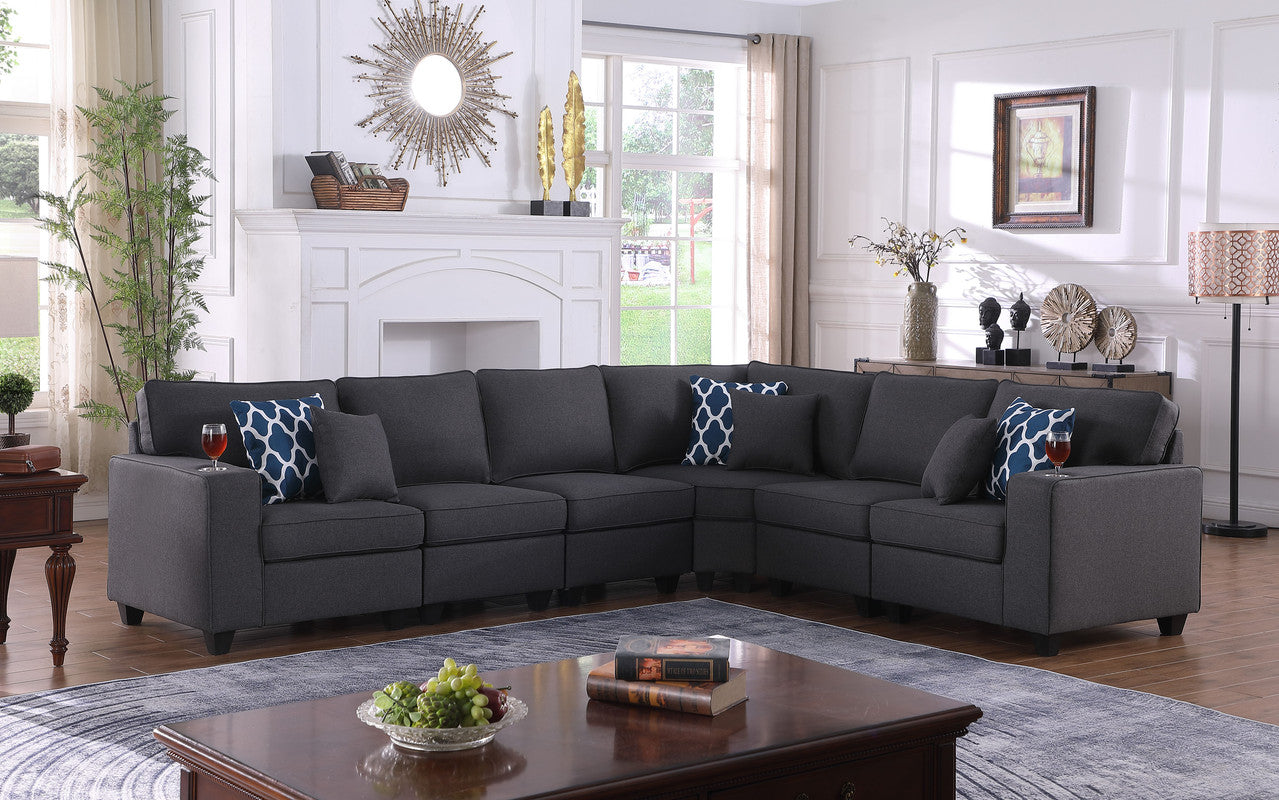 Cooper Dark Gray Linen 6Pc Reversible L-Shape Sectional, Cupholder, 89132-4B