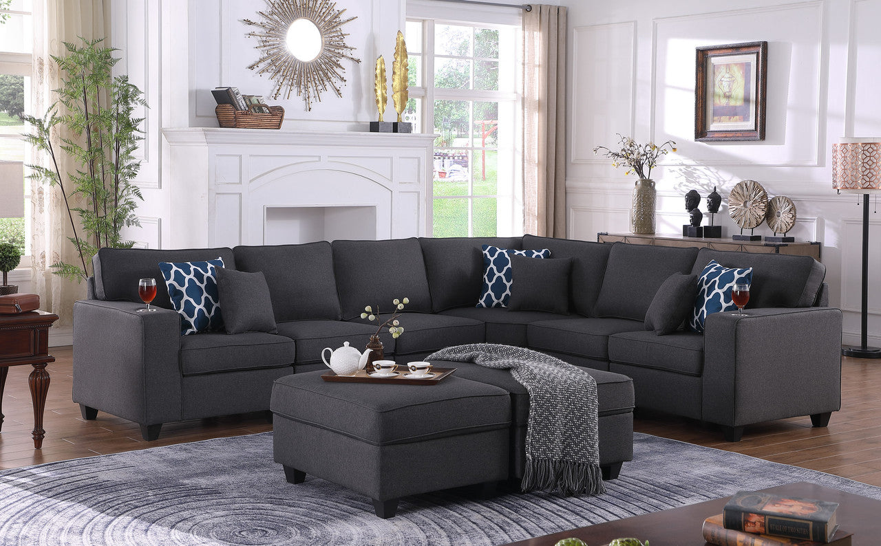 Cooper Dark Gray Linen 8Pc Reversible L-Shape Sectional Sofa, Ottomans, 89132-5A