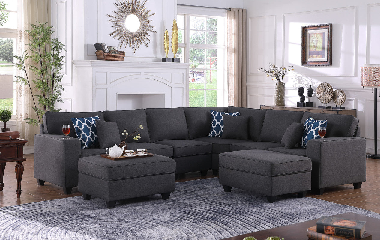 Cooper Dark Gray Linen 8Pc Reversible L-Shape Sectional Sofa, Ottomans, 89132-5B