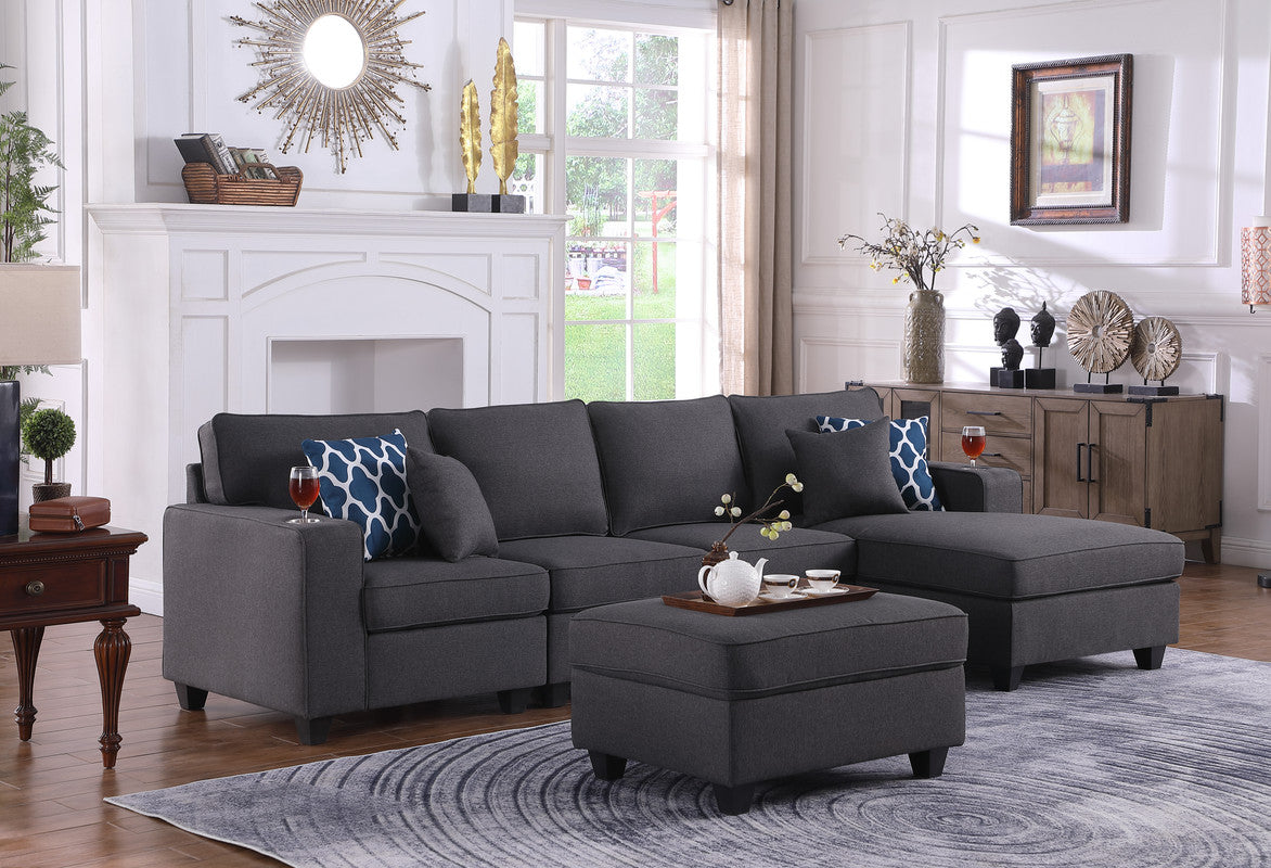 Cooper Dark Gray Linen 5Pc Sectional Sofa Chaise, Ottoman, Cupholder, 89132-6A