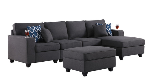 Cooper Dark Gray Linen 5Pc Sectional Sofa Chaise, Ottoman, Cupholder, 89132-6A