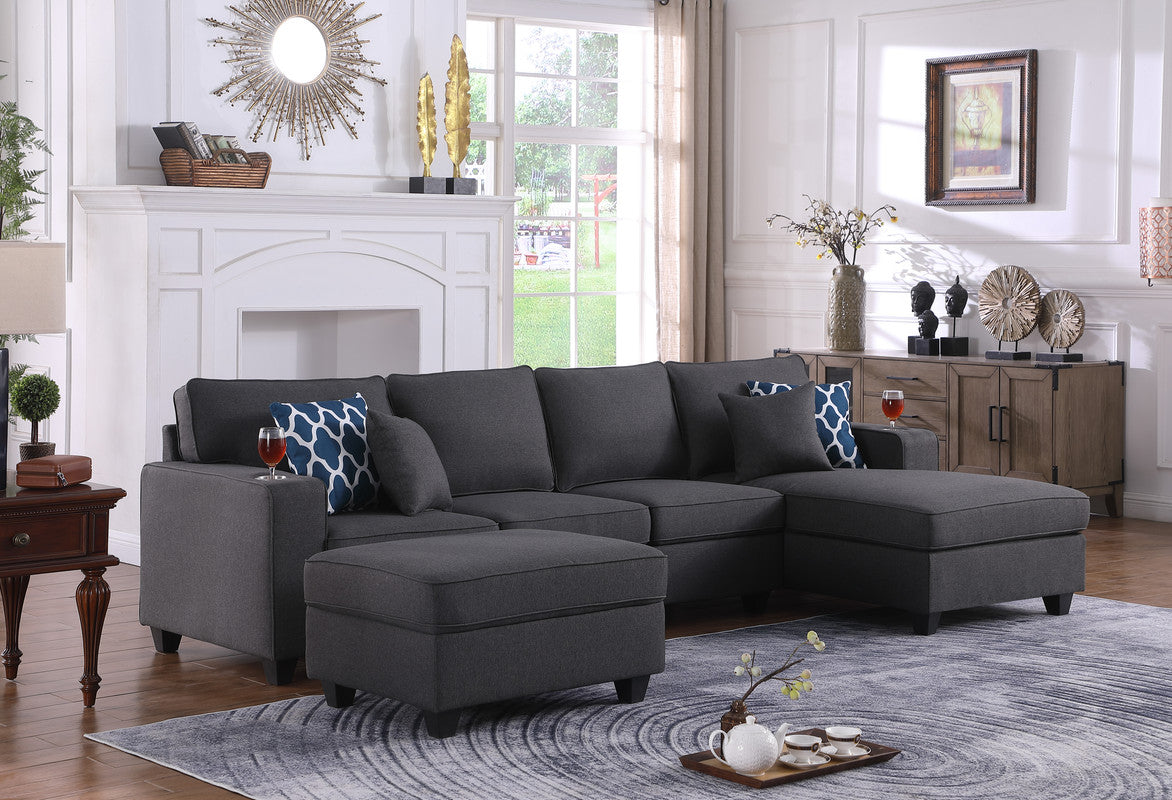 Cooper Dark Gray Linen 5Pc Sectional Sofa Chaise, Ottoman, Cupholder, 89132-6B