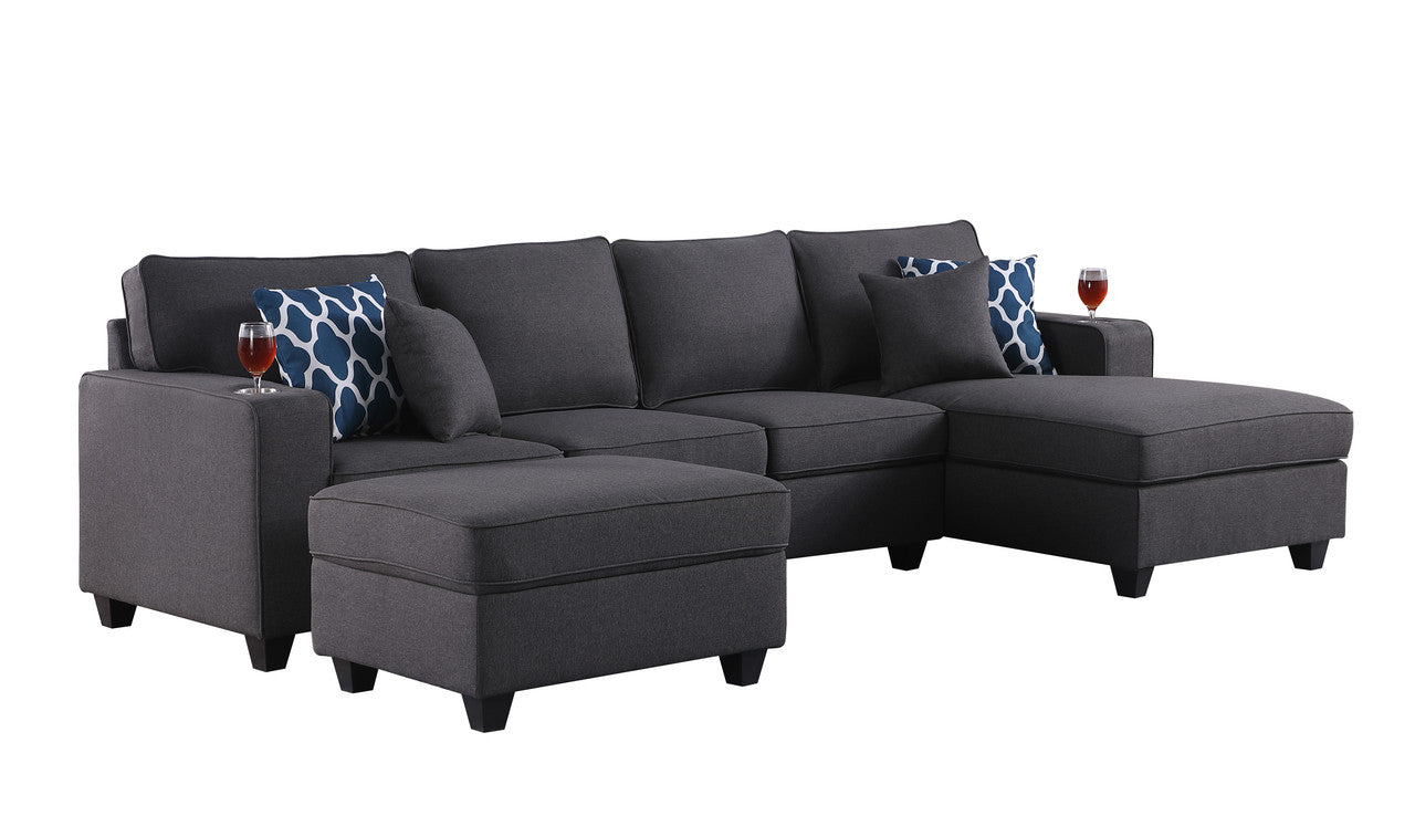 Cooper Dark Gray Linen 5Pc Sectional Sofa Chaise, Ottoman, Cupholder, 89132-6A