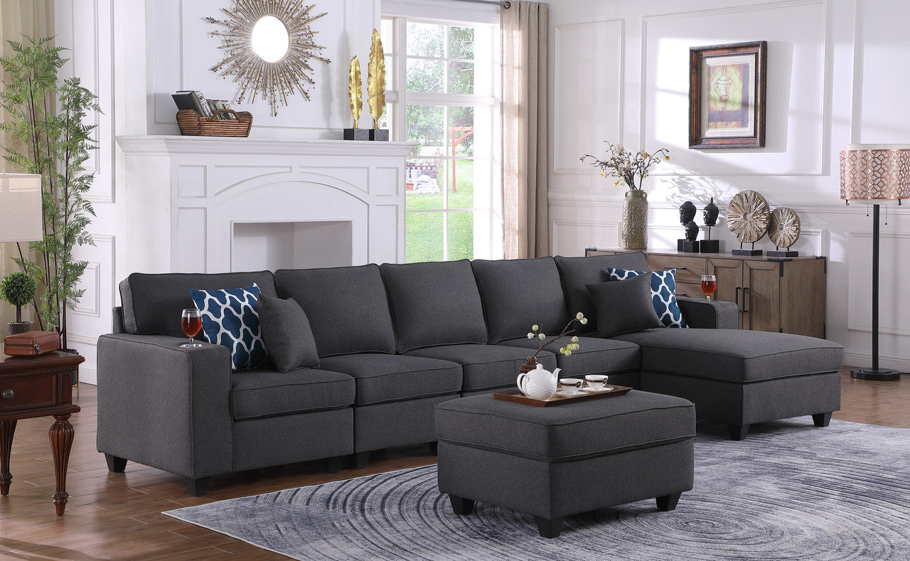 Cooper Dark Gray Linen 6Pc Sectional Sofa Chaise, Ottoman, Cupholder, 89132-7A