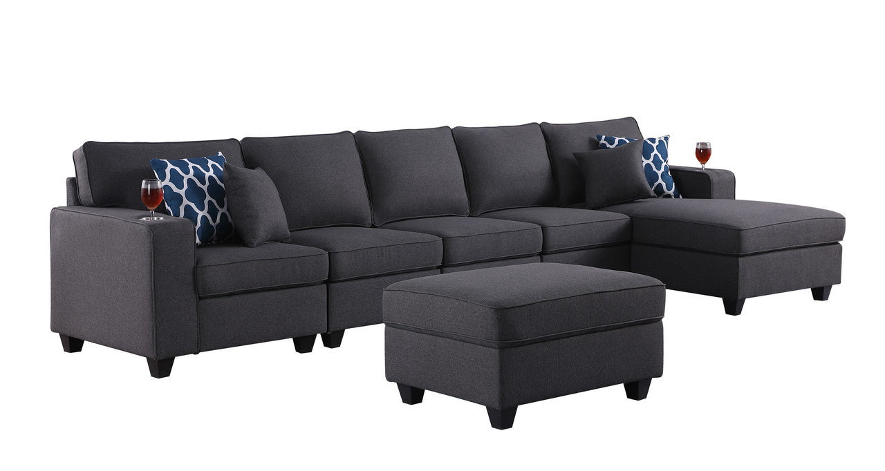 Cooper Dark Gray Linen 6Pc Sectional Sofa Chaise, Ottoman, Cupholder, 89132-7A