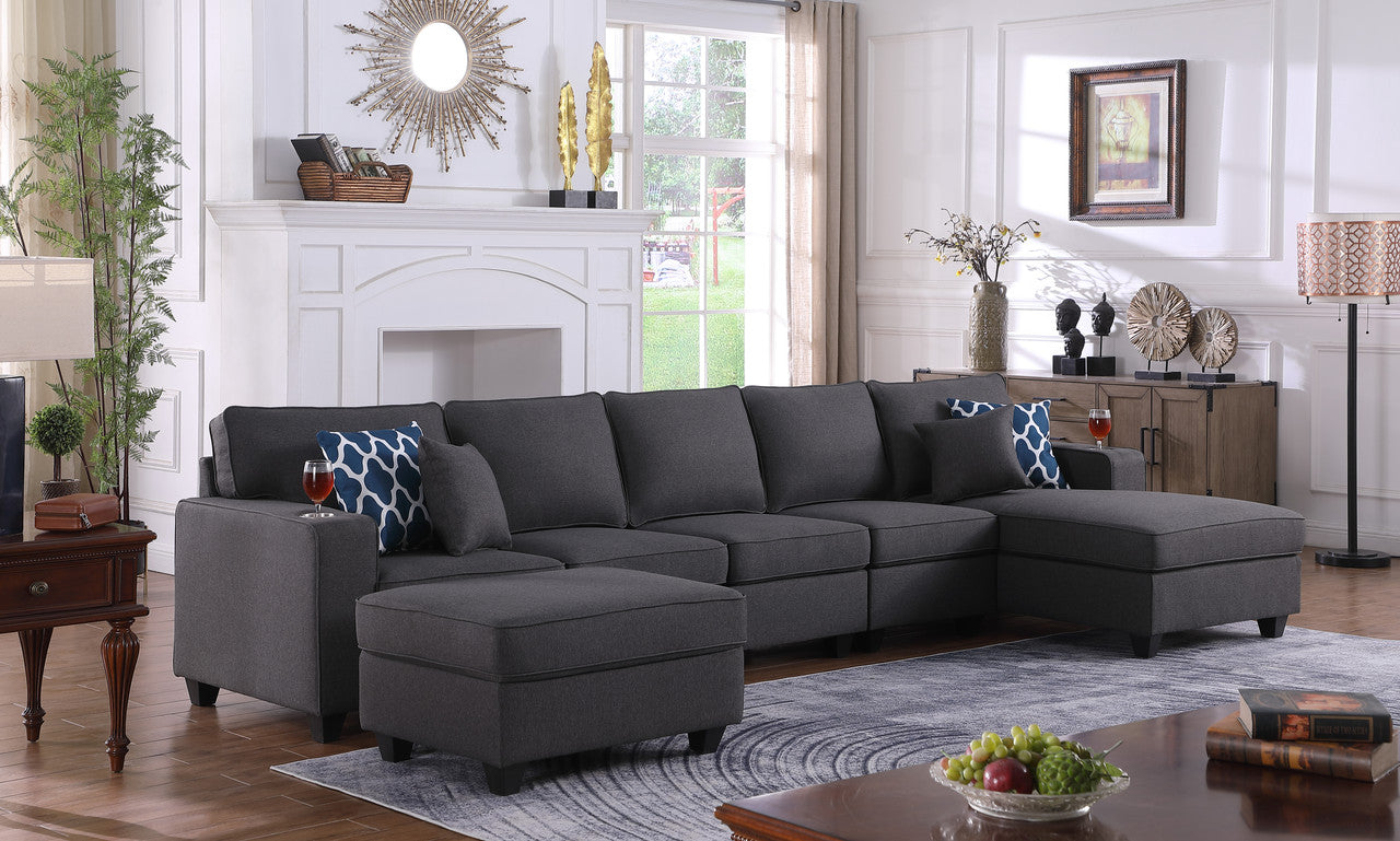 Cooper Dark Gray Linen 6Pc Sectional Sofa Chaise, Ottoman, Cupholder, 89132-7B