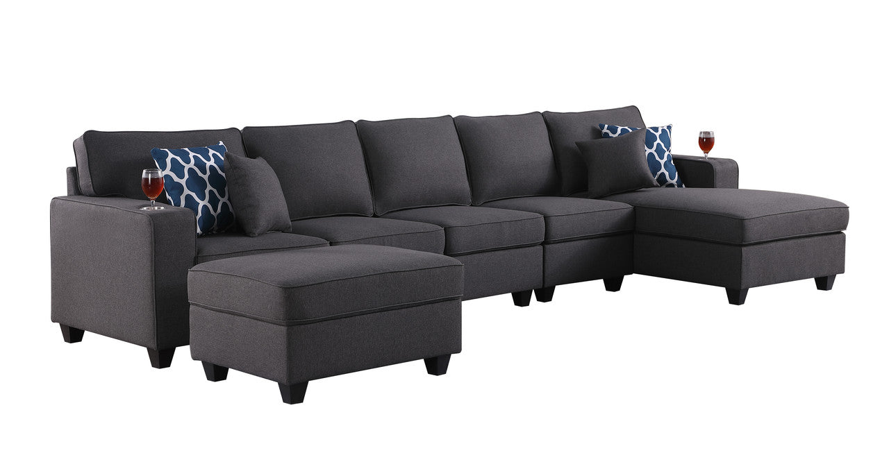 Cooper Dark Gray Linen 6Pc Sectional Sofa Chaise, Ottoman, Cupholder, 89132-7A