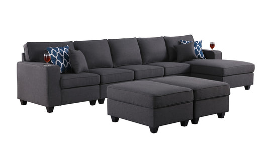 Cooper Dark Gray Linen Sectional Sofa Chaise with 2 Ottomans and Cupholder