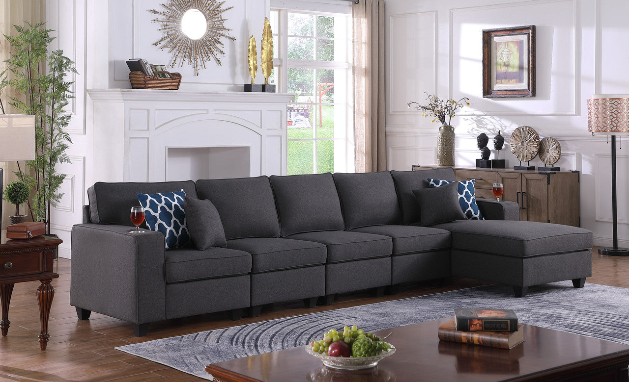 Lilola Home Cooper Dark Gray Linen 5Pc Sectional Sofa Chaise with Cupholder