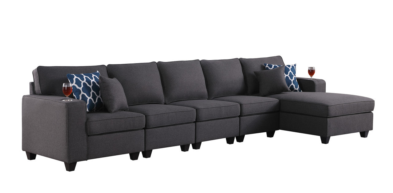 Lilola Home Cooper Dark Gray Linen 5Pc Sectional Sofa Chaise with Cupholder