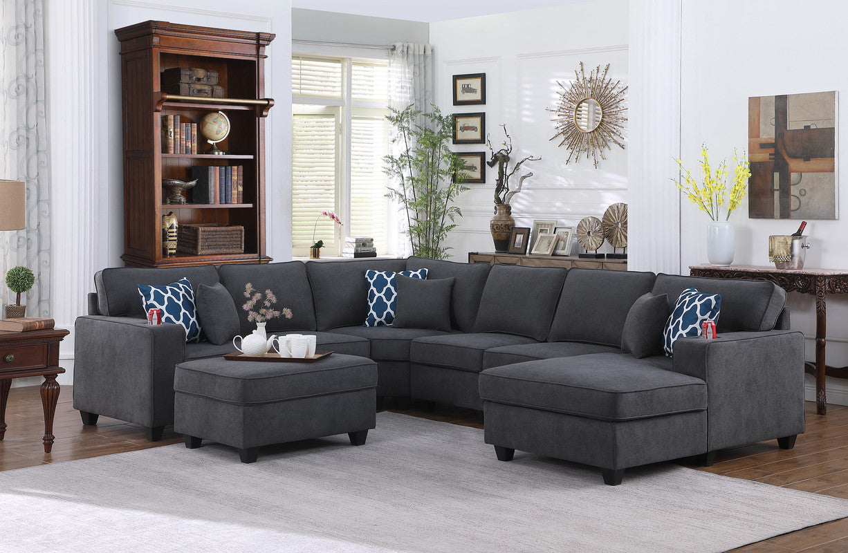 Cooper Stone Gray Woven 7Pc Modular Sectional Sofa Chaise, Ottoman, Cupholder