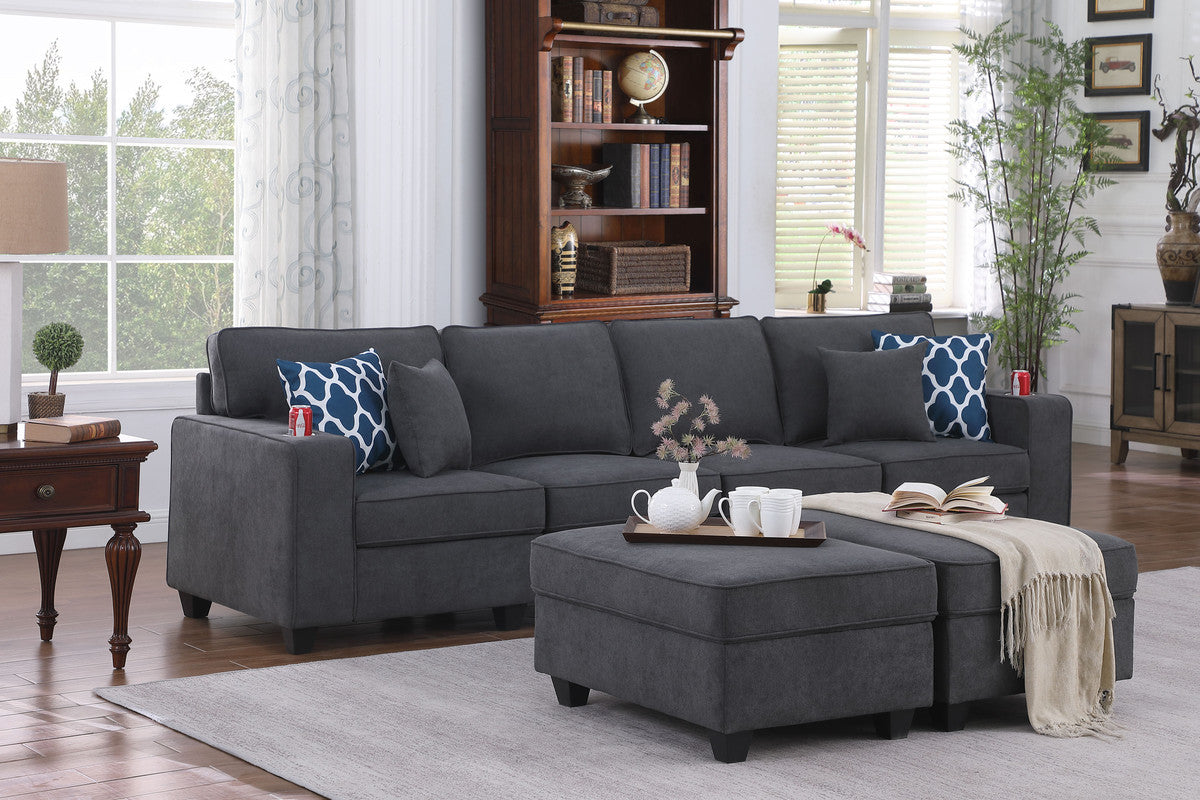 Cooper Stone Gray Woven Fabric 4-Seater Sofa, 2 Ottomans, Cupholder, 89133-17A