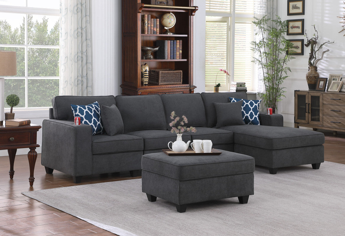 Cooper Stone Gray Woven 5Pc Sectional Sofa Chaise, Ottoman, Cupholder, 89133-6A