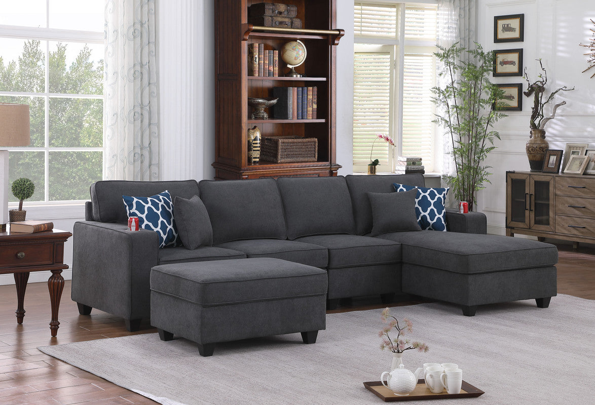 Cooper Stone Gray Woven 5Pc Sectional Sofa Chaise, Ottoman, Cupholder, 89133-6B