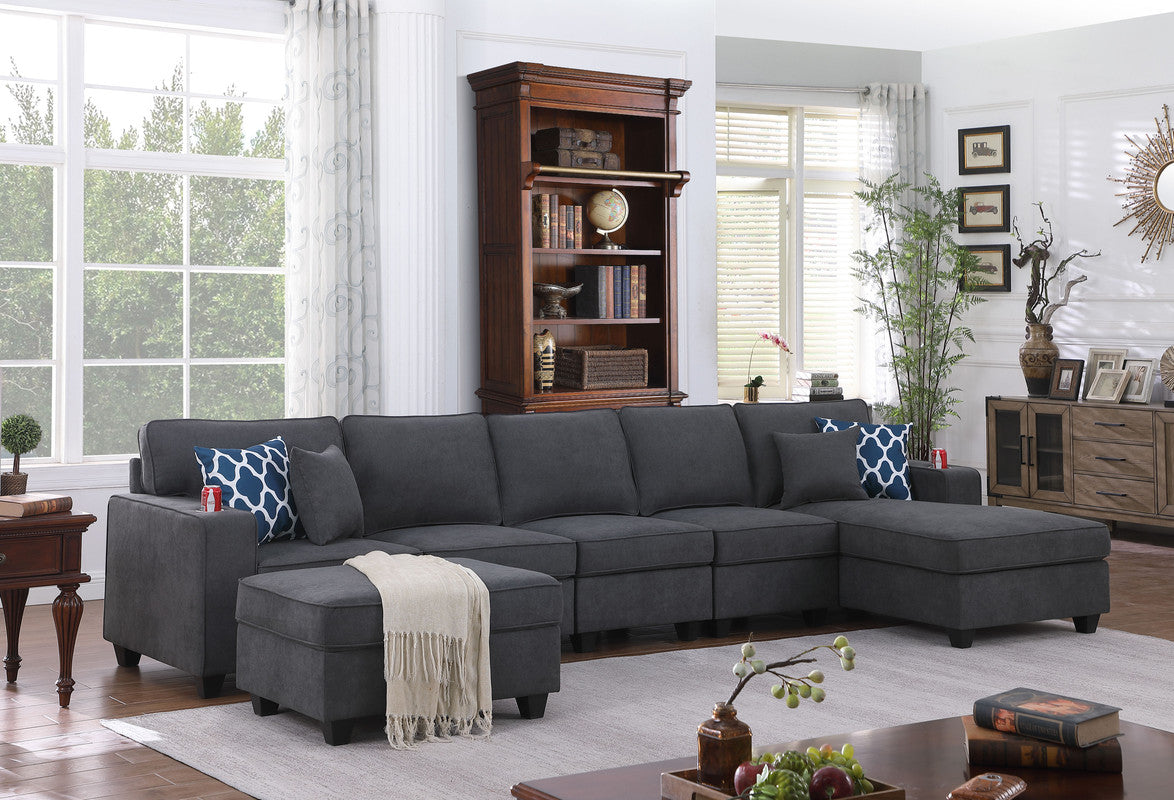 Cooper Stone Gray Woven 6Pc Sectional Sofa Chaise, Ottoman, Cupholder, 89133-7B