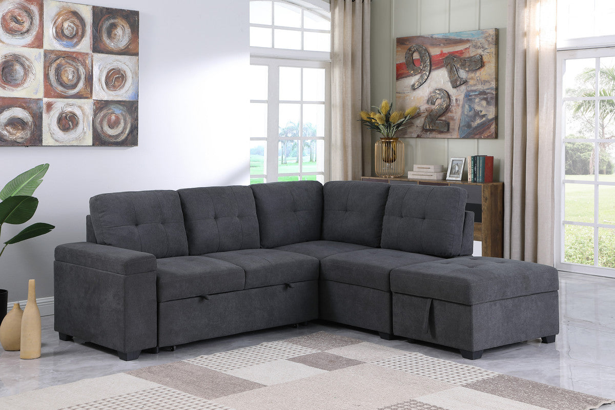 Sadie Dark Gray Woven Sleeper Sectional Sofa with Storage Ottoman, Storage Arm