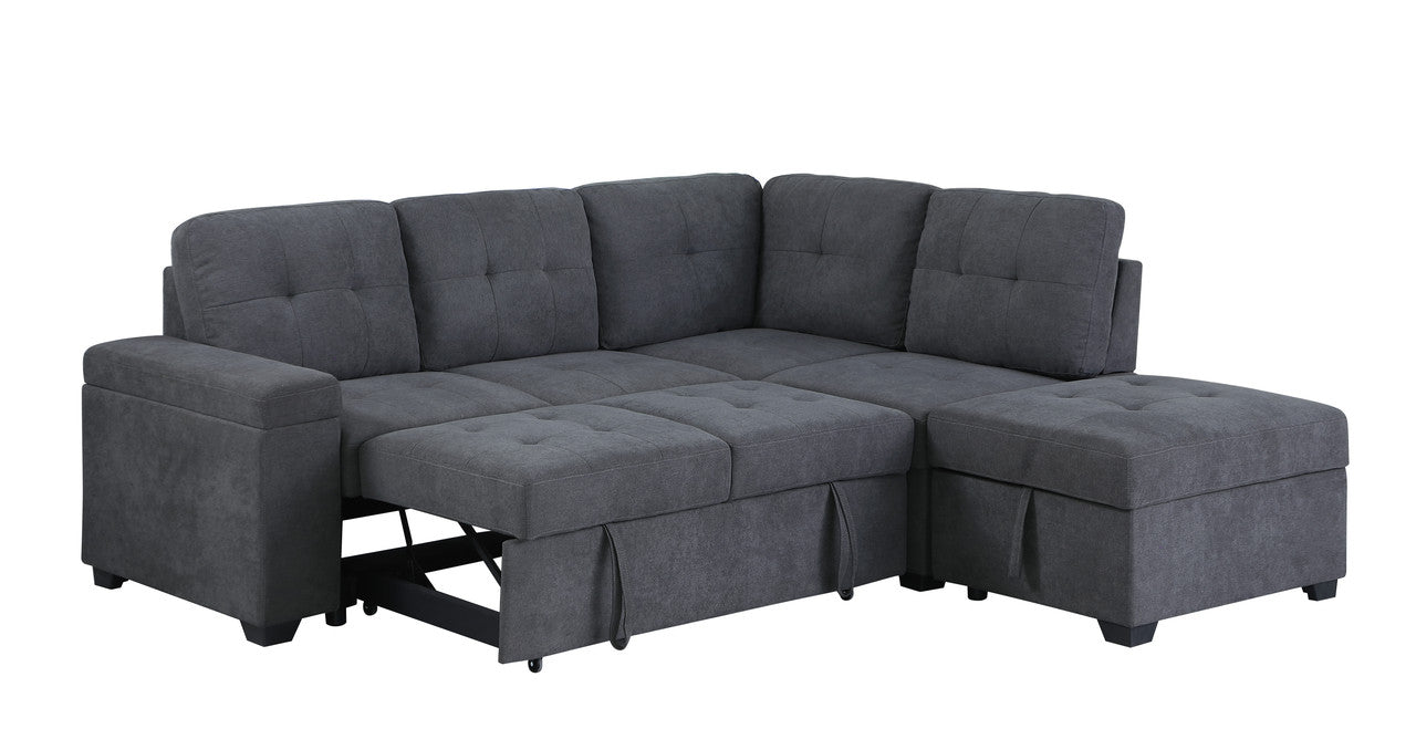 Sadie Dark Gray Woven Sleeper Sectional Sofa with Storage Ottoman, Storage Arm
