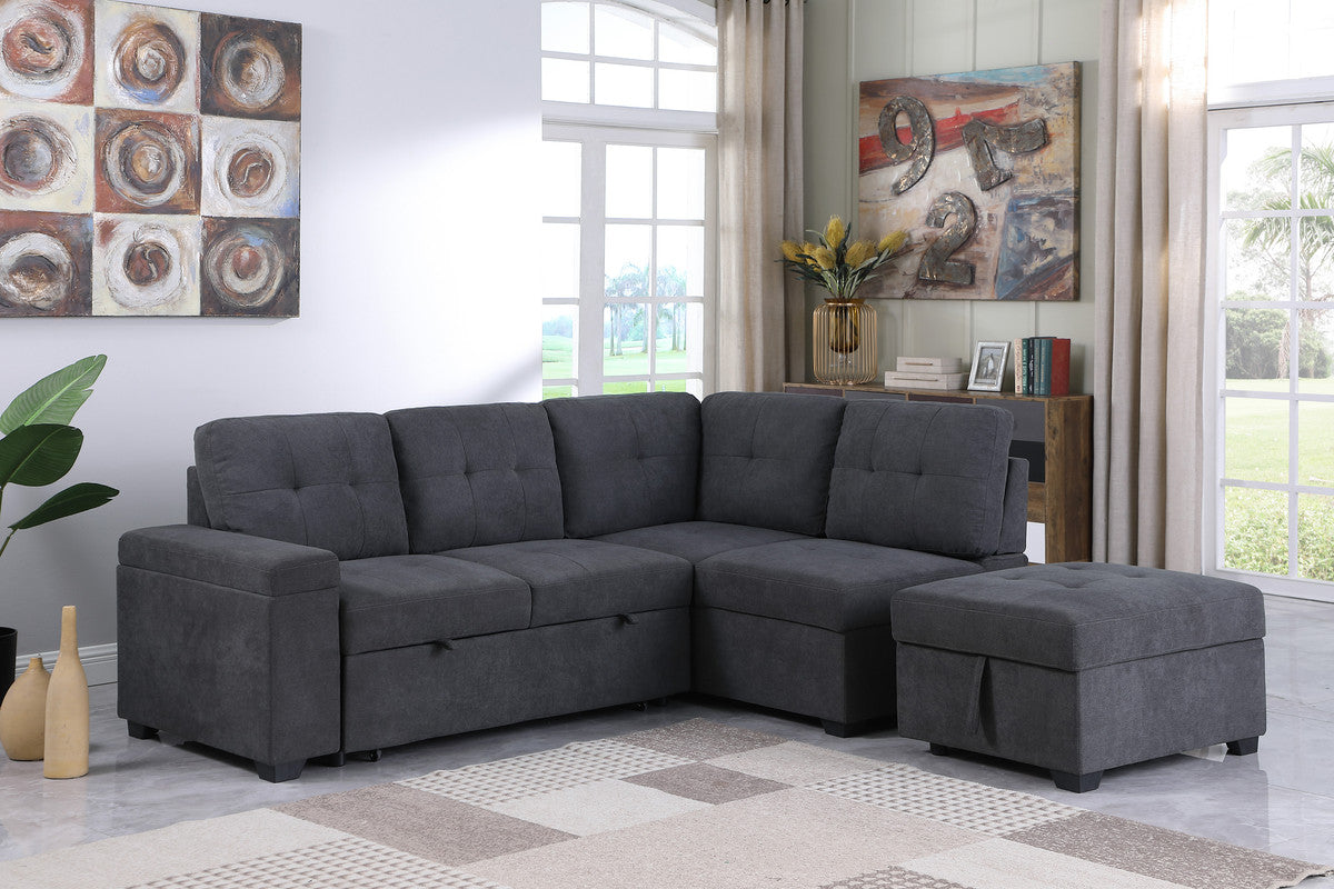 Sadie Dark Gray Woven Sleeper Sectional Sofa with Storage Ottoman, Storage Arm