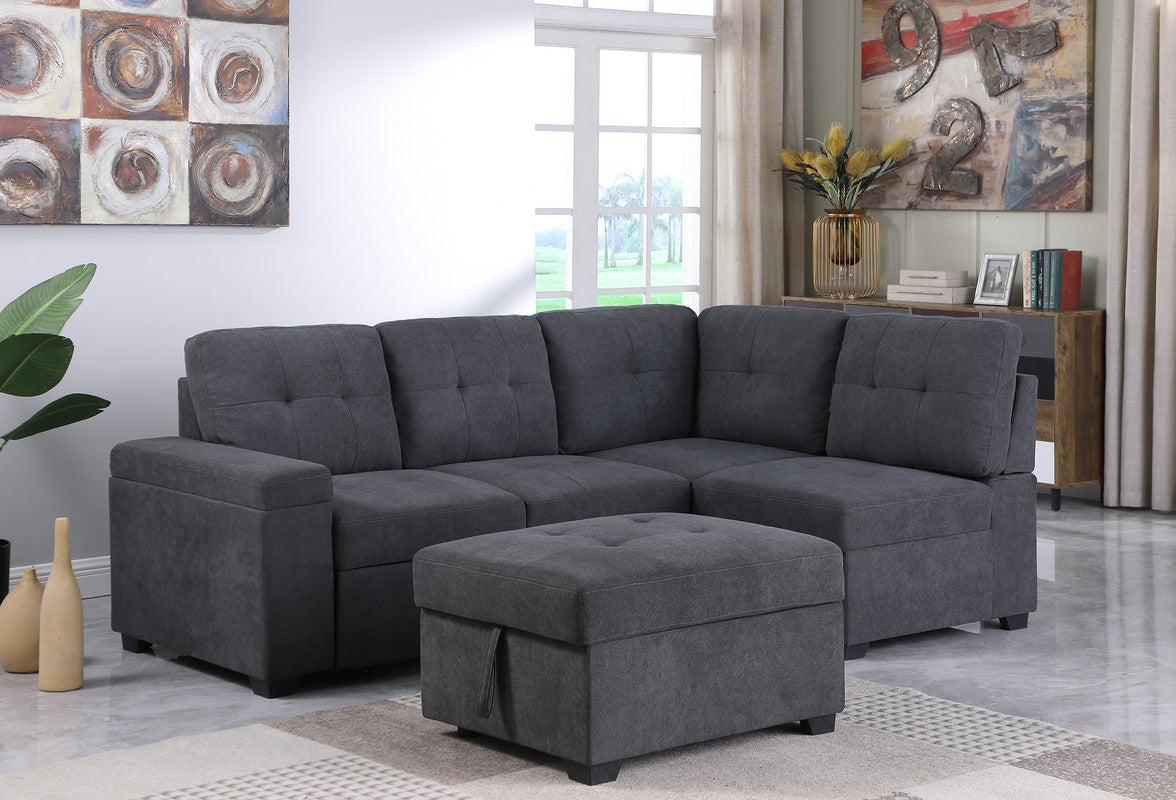 Sadie Dark Gray Woven Sleeper Sectional Sofa with Storage Ottoman, Storage Arm