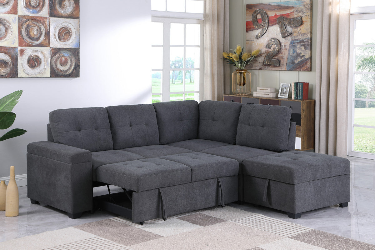 Sadie Dark Gray Woven Sleeper Sectional Sofa with Storage Ottoman, Storage Arm
