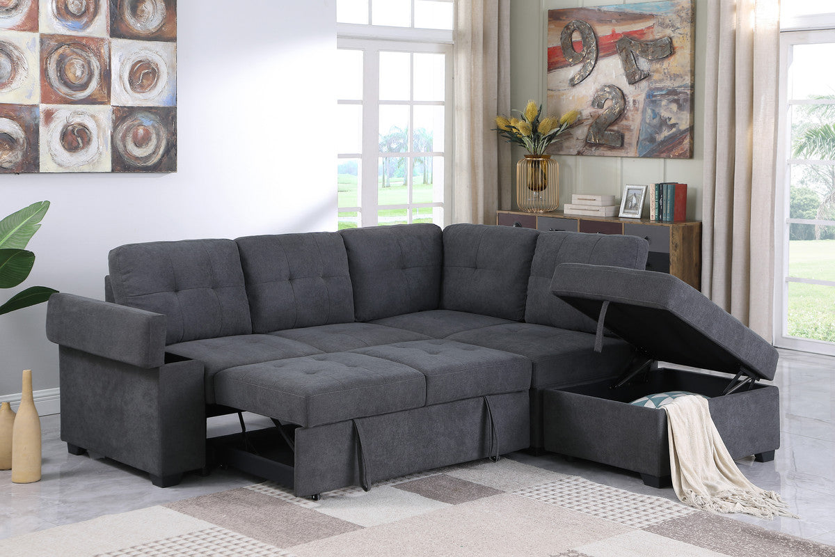 Sadie Dark Gray Woven Sleeper Sectional Sofa with Storage Ottoman, Storage Arm
