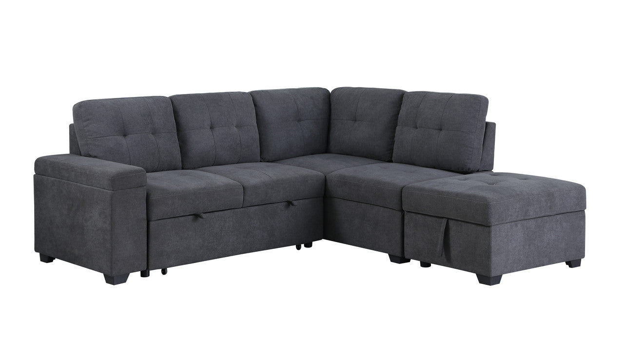 Sadie Dark Gray Woven Sleeper Sectional Sofa with Storage Ottoman, Storage Arm