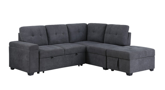 Sadie Dark Gray Woven Sleeper Sectional Sofa with Storage Ottoman, Storage Arm