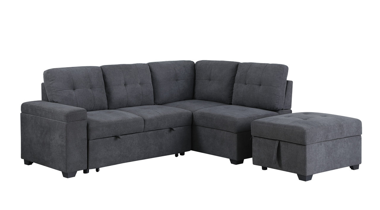 Sadie Dark Gray Woven Sleeper Sectional Sofa with Storage Ottoman, Storage Arm