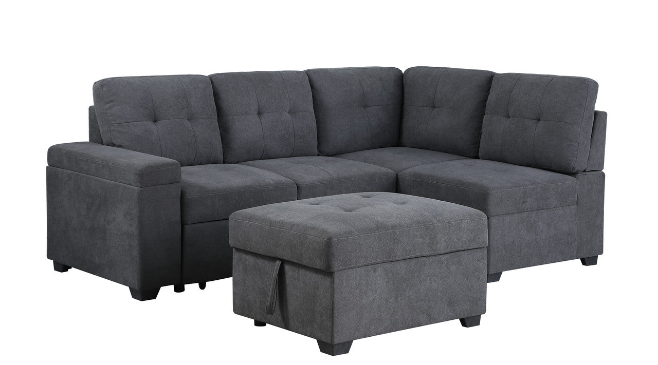 Sadie Dark Gray Woven Sleeper Sectional Sofa with Storage Ottoman, Storage Arm