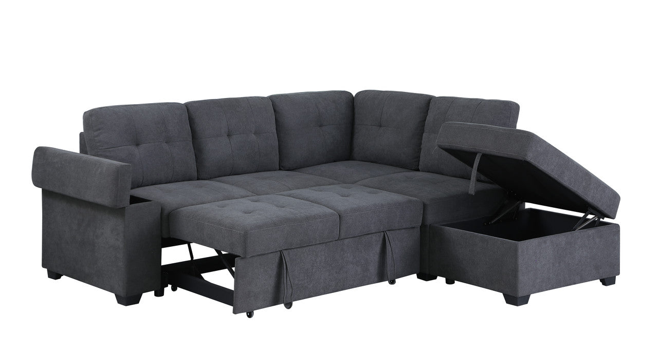 Sadie Dark Gray Woven Sleeper Sectional Sofa with Storage Ottoman, Storage Arm