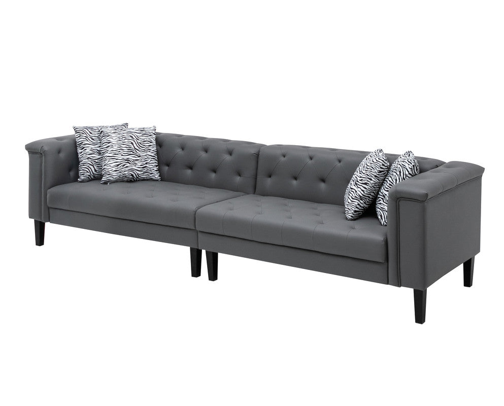 Sarah Gray Vegan Leather Tufted Sofa With 4 Accent Pillows