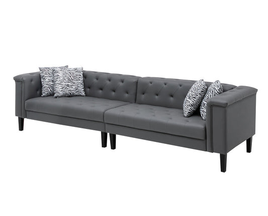 Sarah Gray Vegan Leather Tufted Sofa With 4 Accent Pillows