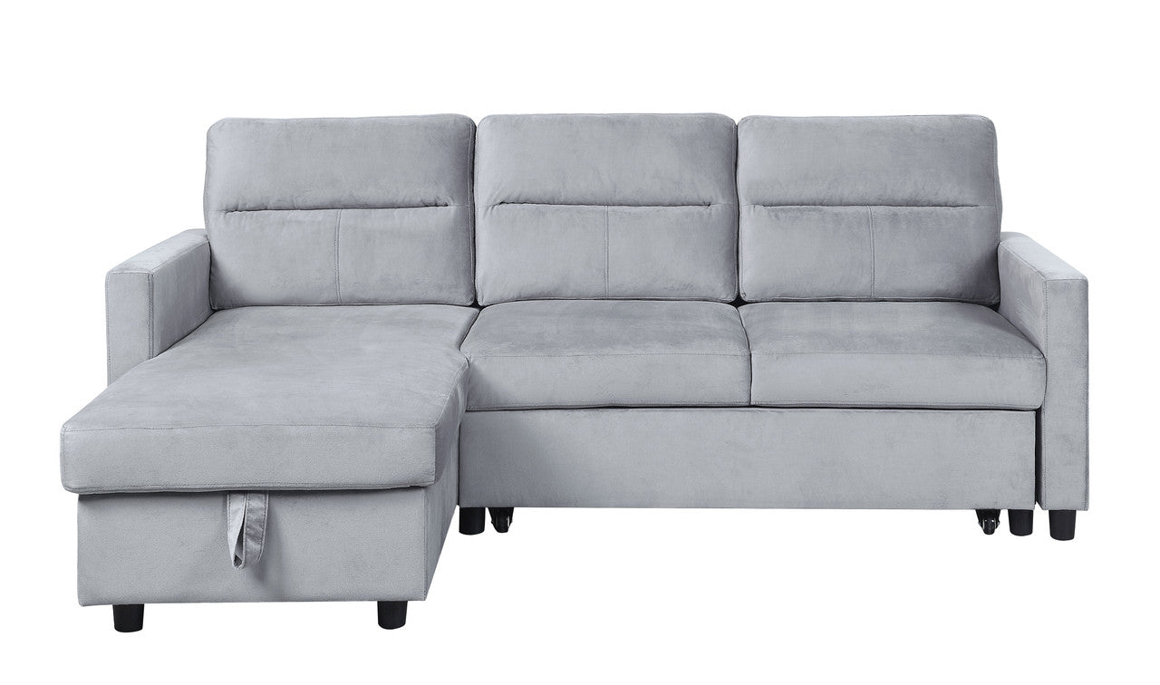 Ruby Light Gray Velvet Reversible Sleeper Sectional, Storage Chaise, Side Pocket