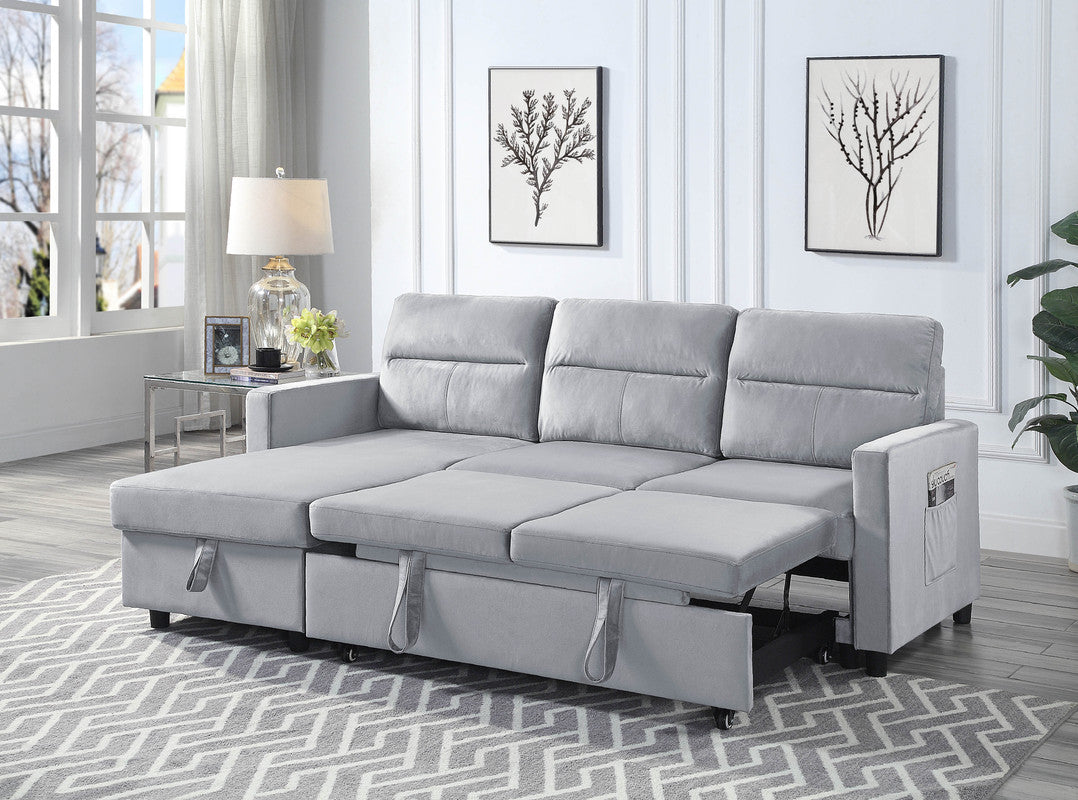 Ruby Light Gray Velvet Reversible Sleeper Sectional, Storage Chaise, Side Pocket