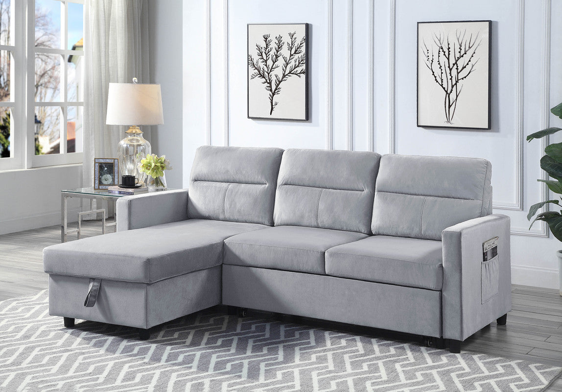 Ruby Light Gray Velvet Reversible Sleeper Sectional, Storage Chaise, Side Pocket