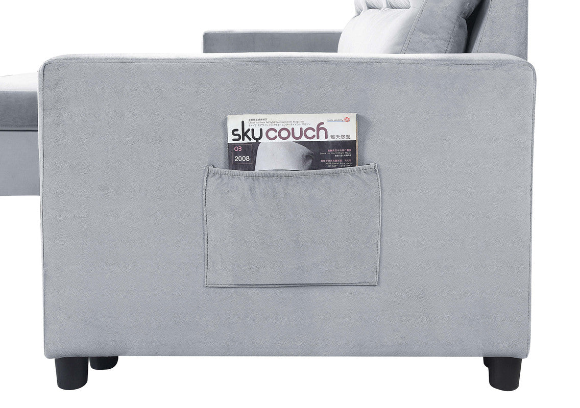Ruby Light Gray Velvet Reversible Sleeper Sectional, Storage Chaise, Side Pocket