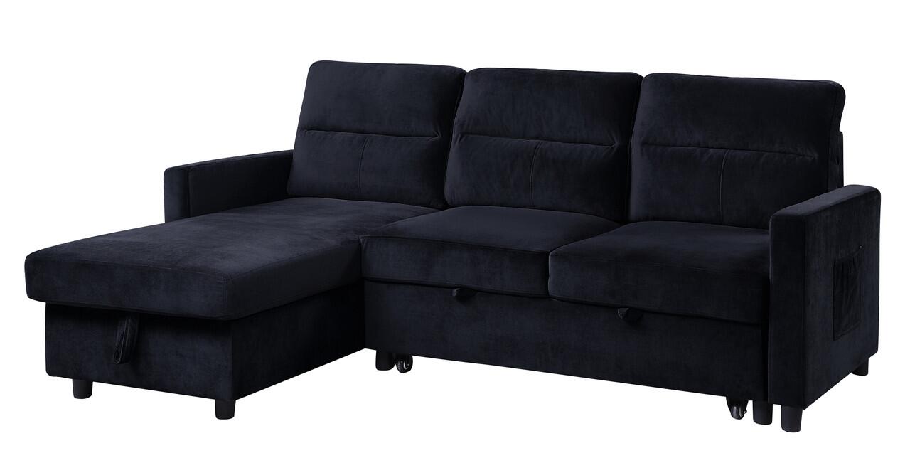 Lilola Home Ivy Black Velvet Reversible Sleeper Sectional Sofa with Storage Chaise and Side Pocket