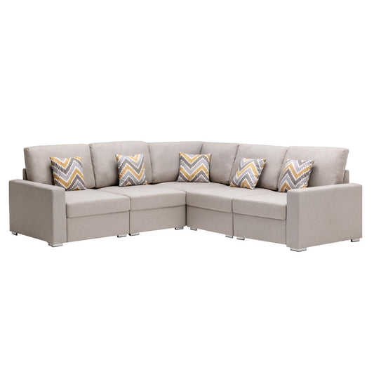 Nolan Beige Linen 5Pc Reversible Sectional Sofa, Interchangeable Legs